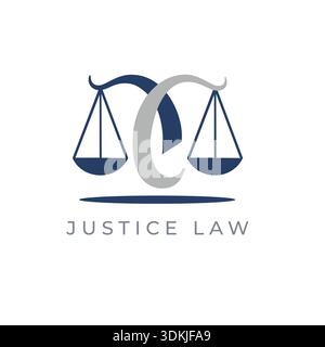 Design del logo dello studio legale giudiziario con scale di giustizia – icona Modern Minimal Attorney, Lawyer, Legal Services, Court, Advocacy and Corporate Law Branding Illustrazione Vettoriale