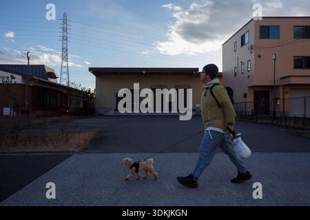 Un uomo giapponese che cammina un piccolo cane di fronte all'edificio a Kanagawa, in Giappone. Foto Stock