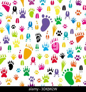 Varie silhouette colorate con zampe di animali comuni, motivo senza cuciture Illustrazione Vettoriale