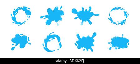 Struttura per spruzzi d'acqua, forma liquida con gocce, batuffolo astratto. Bordo ondulato irregolare, vernice, pozzetto, macchia, blot arrotondato con schizzi e goccioline. Illustrazione vettoriale Illustrazione Vettoriale