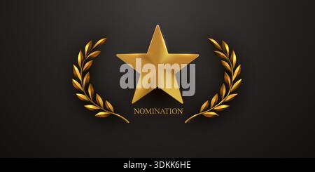 Premio Golden Star con corona di alloro e testo per la nomina su sfondo scuro per il riconoscimento. Illustrazione vettoriale. Illustrazione Vettoriale