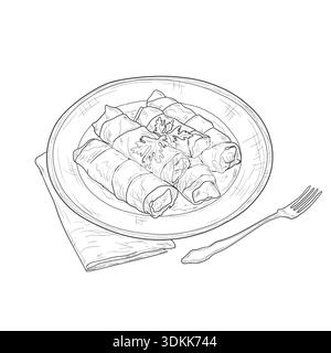 Dolce in un piatto di porcellana, sketch. Illustrazione vettoriale. Cena deliziosa, involtini di cavolo, disegno isolato su sfondo bianco. Sano e soddisfacente Illustrazione Vettoriale