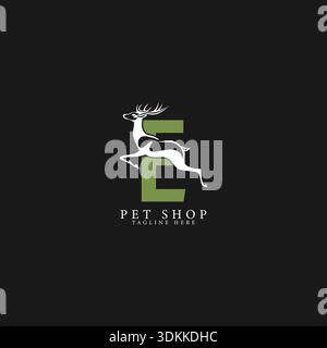 Logo Letter e con Deer Art Design icona Alphabet e Wildlife Illustrazione Vettoriale