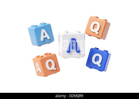 Rendering 3d di blocchi da costruzione in plastica colorati con le lettere Q e Un galleggiante su uno sfondo bianco, che rappresenta un concetto di FAQ per Hel Foto Stock