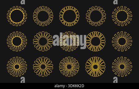 Icone soleggiate di sole o fiori isolate su sfondo nero. Silhouette Sunbeam. Luce solare o simboli floreali. Elementi a tema estivi. Felice concetto di vibrazioni positive. Illustrazione piatta vettoriale. Illustrazione Vettoriale