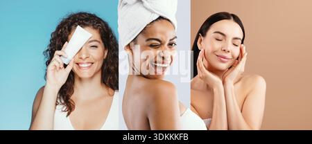 Collage di donne che praticano rituali di bellezza in diversi contesti durante vari momenti della giornata Foto Stock