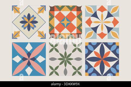 Illustrazione vettoriale che mostra una collezione di diverse piastrelle ornamentali a motivi geometrici, ideale per interni e sfondi grafici. Illustrazione Vettoriale