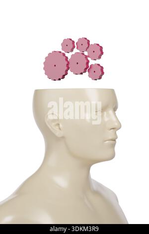 Figura umana con ingranaggi sulla testa isolati su sfondo bianco. Concetto di pensiero. illustrazione 3d. Foto Stock