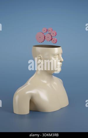 Figura umana con ingranaggi sulla testa isolati su sfondo blu. Concetto di pensiero. illustrazione 3d. Foto Stock