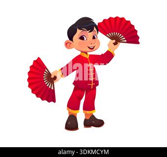 Il ragazzo cinese del capodanno lunare tiene i fan rossi Illustrazione Vettoriale