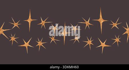 Gold Stars bordo senza cuciture magia celeste acquerello con cornice decorativa orizzontale dipinta a mano sfondo marrone cioccolato Foto Stock