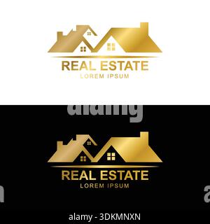 Logo dorato del tetto di una casa immobiliare di lusso con marchio di proprietà Illustrazione Vettoriale