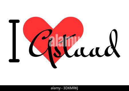 Io amo Gstaad, città della Svizzera. Lettere disegnate a mano con cuore rosso. Lettere per illustrazioni vettoriali, design moderno per t shirt, striscioni, poster, Illustrazione Vettoriale