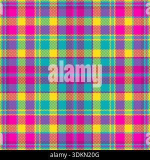 Un vivace motivo a quadri pixelato con tonalità rosa, giallo e ottanio. Questo design geometrico senza cuciture offre un'estetica retromoderna per il creat Illustrazione Vettoriale