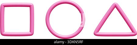 Set di scarabocchi geometrici a gradiente rosa con bordi del tubo 3D: Cornice quadrata, anello circolare e contorno triangolare. Illustrazione Vettoriale