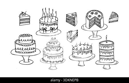 Collezione di illustrazioni di torta di compleanno disegnata a mano in bianco e nero Illustrazione Vettoriale