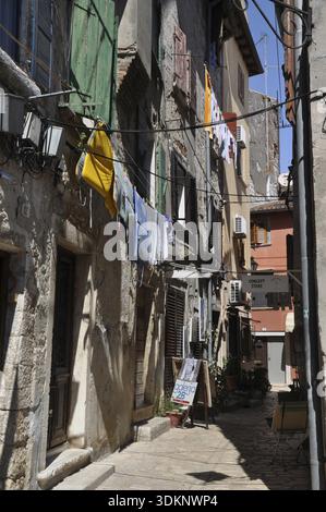 Finestre, clothesline, lavanderia, case, Rovigno, Istria, Croazia, città vecchia, facciata, casa, edificio, architettura Foto Stock