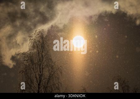 Il luminoso sole invernale splende attraverso la neve che cade e le nuvole spettacolari sugli alberi ghiacciati nella magica natura dell'Estonia, in Europa. Foto Stock