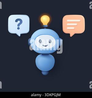 Simpatico personaggio chatbot blu con lampadina accesa, bolle di risposta e domande, che rappresentano la conversazione ai e l'illustrazione vettoriale della tecnologia assistente virtuale Illustrazione Vettoriale