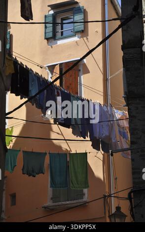 Finestre, clothesline, lavanderia, case, Rovigno, Istria, Croazia, città vecchia, facciata, casa, edificio, architettura Foto Stock