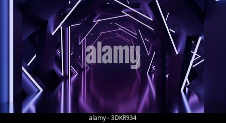 Tunnel geometrico al neon con pavimento riflettente Foto Stock