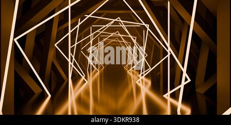 Rendering 3d con tunnel geometrico al neon color ambra Foto Stock