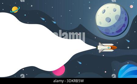Il razzo spaziale spaziale si lancia nella galassia con la luna e i pianeti. Illustrazione vettoriale piatta di un decollo di una nave spaziale con nuvole di fumo e cielo stellato Illustrazione Vettoriale