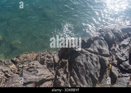 Splendida foto aerea dall'alto verso il basso delle onde marine turchesi che colpiscono le scure rocce costiere. Texture naturali e nitide e schiuma bianca su acque blu chiare. Foto Stock
