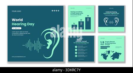 Illustrazione del modello di post per i social media disegnato a mano in forma di cartone animato della giornata mondiale dell'udito Illustrazione Vettoriale