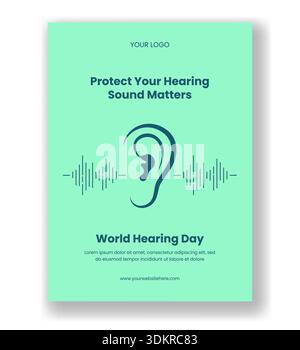 Poster verticale giornata mondiale dell'udito Cartoon piatto illustrazione del modello disegnato a mano Illustrazione Vettoriale