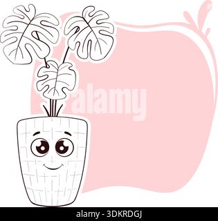 simpatico mostro sorridente in vaso, faccia amichevole con gli occhi d'occhiolino, contorno disegnato a mano su rosa pastello tenue, posto per testo Illustrazione Vettoriale