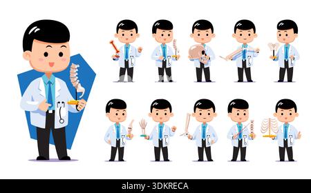 Carino chibi maschio asiatico ortopedico medico set di caratteri. Illustrazione vettoriale piatta con vari modelli ossei umani per l'educazione all'anatomia e all'ortopedia Illustrazione Vettoriale
