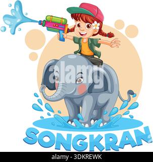 Illustrazione vettoriale di una ragazza felice su un elefante che spruzza acqua durante il festival di Songkran Illustrazione Vettoriale