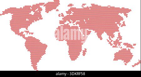 Informazioni sulla mappa mondiale dei pixel rossi. Mappa del mondo tratteggiata astratta per poster, banner, brochure, volantino, opuscolo, presentazione. Sfondo infografica Continents. Illustrazione vettoriale Illustrazione Vettoriale