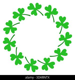 Cornice circolare vettoriale stravagante in foglie di trifoglio verde. Graziosa corona di shamrock disegnata a mano isolata su sfondo bianco, perfetta per il St Patricks Day Illustrazione Vettoriale