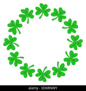 Cornice circolare vettoriale stravagante in foglie di trifoglio verde. Graziosa corona di shamrock disegnata a mano isolata su sfondo bianco, perfetta per il St Patricks Day Illustrazione Vettoriale