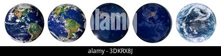 Set di cinque globi terrestri che mostrano cicli diurni e notturni con mappa del mondo e luci della città isolate. Foto Stock