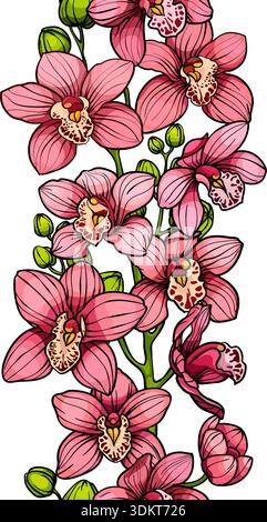 Bordo verticale bordo verticale motivo senza cuciture di fiori di orchidea rosa, disegno vettoriale disegnato a mano Illustrazione Vettoriale