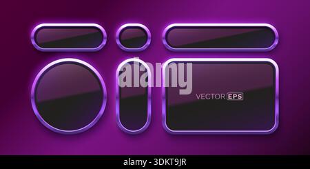 Set moderno di cornici color viola neon metallizzato lucido con effetto luminoso su sfondo scuro. Illustrazione vettoriale Illustrazione Vettoriale