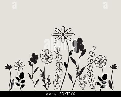 Delicata illustrazione floreale in bianco e nero con una varietà di fiori e foglie in fiore isolati su uno sfondo grigio chiaro pulito evo Illustrazione Vettoriale