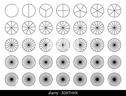 I settori dividono il cerchio su 35 parti uguali. Modello grafico a torta. Vuoto coaching. Grafici segmentati. Parti della ruota dello schema da 1 a 35. Contorno nero Illustrazione Vettoriale