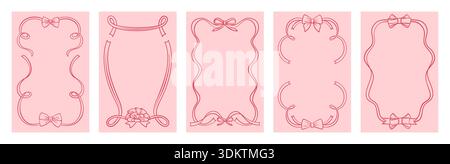 Set di cornici con nastri ad arco in stile doodle vintage disegnato a mano. Bordi in coquette stravaganti, nastri ondulati e ricci, disegni in linea femminile con un elegante mood retrò e un look decorativo divertente e romantico Illustrazione Vettoriale