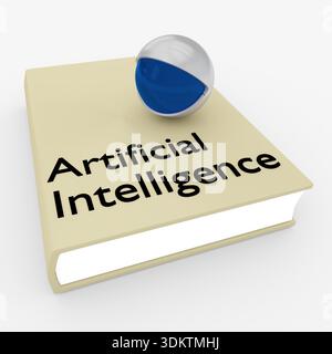 Illustrazione 3D di una testa robotica simbolica posizionata su un libro intitolato intelligenza artificiale. Foto Stock