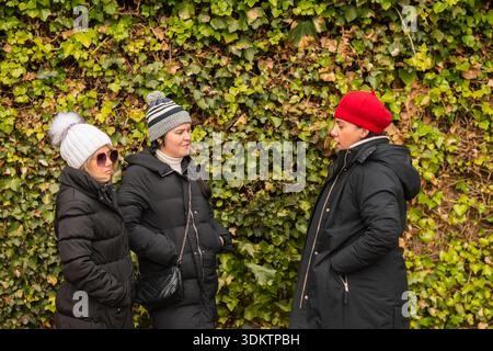Gruppo di donne adulte che indossano giacche di piumino e cappelli invernali che fanno conversazione all'aperto Foto Stock
