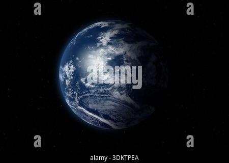 Vista del pianeta Terra con oceano e nuvole nello spazio su un cielo stellato. Esopianeta in uno spazio aperto buio. Elementi di questa immagine forniti dalla NASA Foto Stock