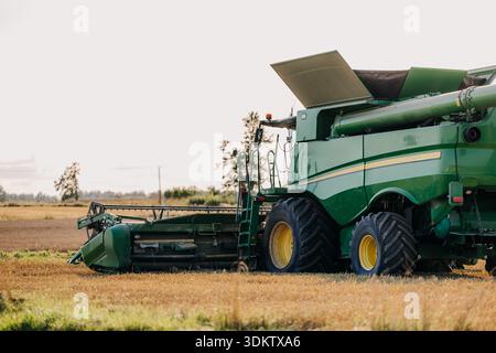 Una mietitrebbia verde con testata di taglio visibile e pneumatici grandi si trova in un campo raccolto. Sull'horizo si vedono alberi sparsi e pali di utilità Foto Stock
