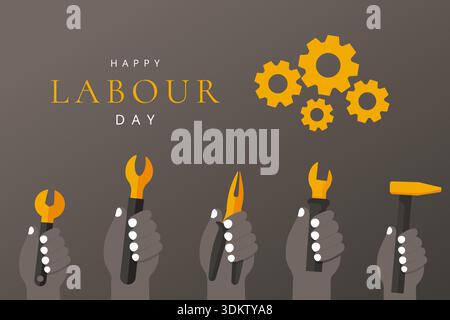 Illustrazione piatta della festa del lavoro con le mani e gli attrezzi dei lavoratori. Illustrazione Vettoriale