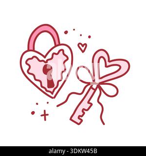 Serratura e chiave a forma di cuore Coquette, elemento carino disegnato a mano. Illustrazione vettoriale in stile doodle Illustrazione Vettoriale