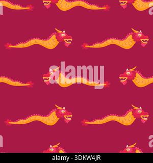 Rosso e giallo tradizionale modello asiatico. Flying Dragon in stile piatto. Capodanno cinese lunare Illustrazione Vettoriale