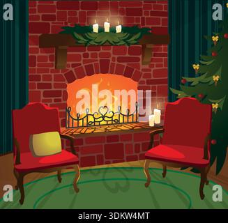 Una scena natalizia accogliente e festosa in una casa. Un albero di Natale decorato, un caminetto ardente e due comode poltrone. Illustrazione di Natale vettoriale. Capodanno. Stile cartoni animati. Illustrazione Vettoriale